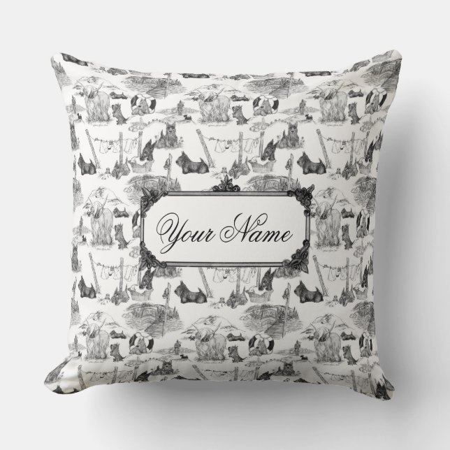 SCOTTISH Terrier Black Toile w/Custom Name Throw Pillow (Front)