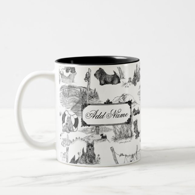 SCOTTISH Terrier Black Toile w/Custom Name Two-Tone Coffee Mug (Left)