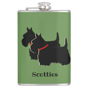 Scottish Terrier black/white silhouette/names Hip Flask