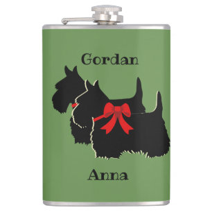 Scottish Terrier black/white silhouette/names Hip Flask