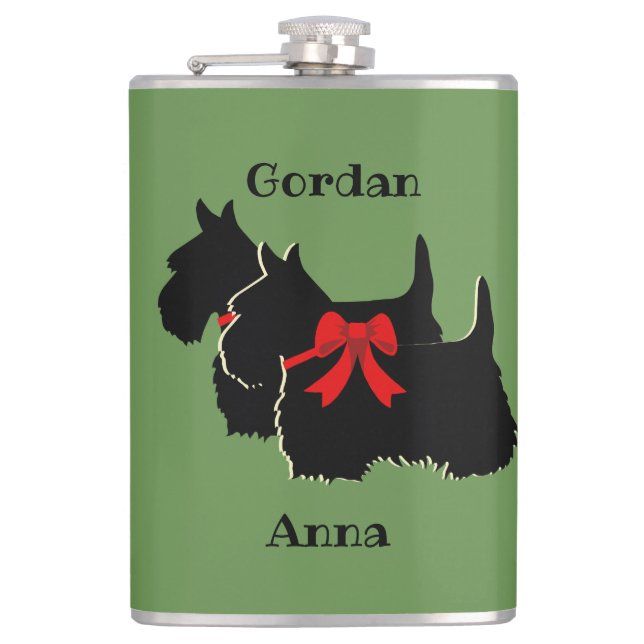 Scottish Terrier black/white silhouette/names Hip Flask (Front)