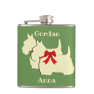 Scottish Terrier black/white silhouette/names Hip Flask