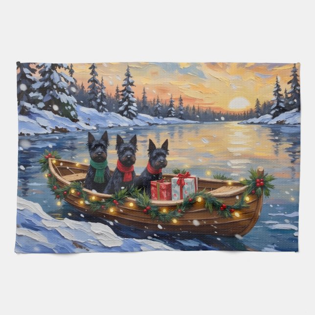 Scottish Terrier Christmas Boat Holiday Kitchen Towel (Horizontal)