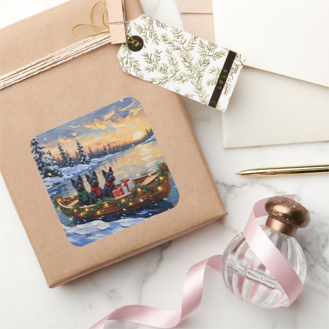 Scottish Terrier Christmas Boat Holiday Square Sticker (Gifting)