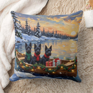 Scottish Terrier Christmas Boat Holiday Throw Pillow