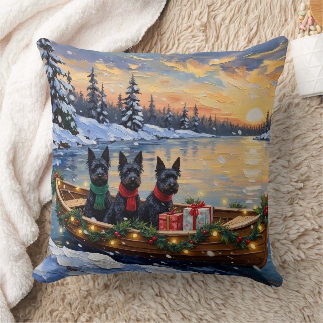 Scottish Terrier Christmas Boat Holiday Throw Pillow (Blanket)