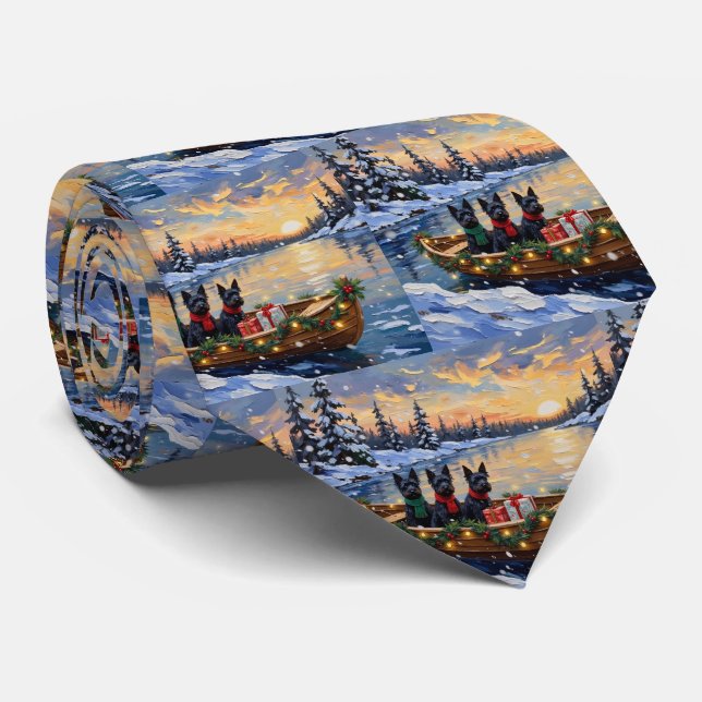 Scottish Terrier Christmas Boat Holiday Tie (Rolled)
