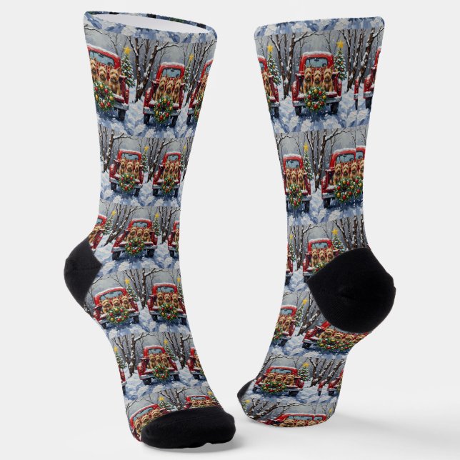 Scottish Terrier Christmas Red Truck Holiday Socks (Angled)