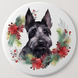 Scottish Terrier Christmas Wreath Festive Pup 6 Inch Round Button