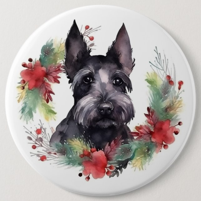Scottish Terrier Christmas Wreath Festive Pup  6 Inch Round Button (Front)