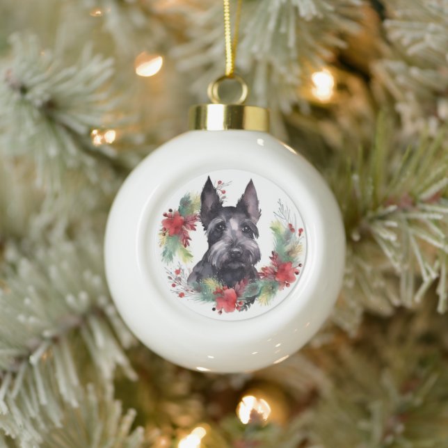 Scottish Terrier Christmas Wreath Festive Pup  Ceramic Ball Christmas Ornament (Tree)