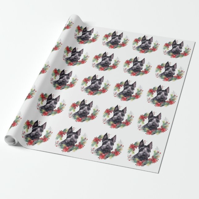 Scottish Terrier Christmas Wreath Festive Pup  Wrapping Paper (Unrolled)