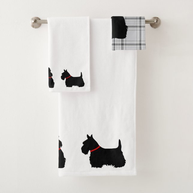 Scottish Terrier/collier rouge/blanc - plaid gris  (En situation)