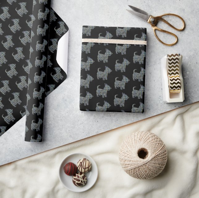 Scottish Terrier Cute Dog Y&B Grid Black Gift Wrapping Paper (Crafts)
