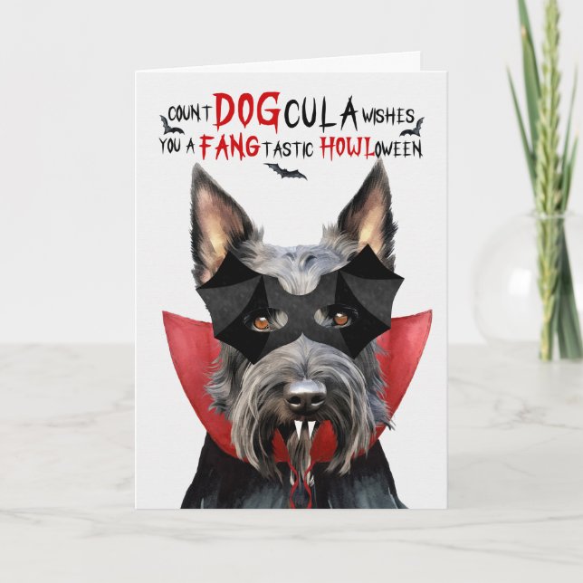 Scottish Terrier Dog Funny Count DOGcula Halloween Holiday Card (Front)
