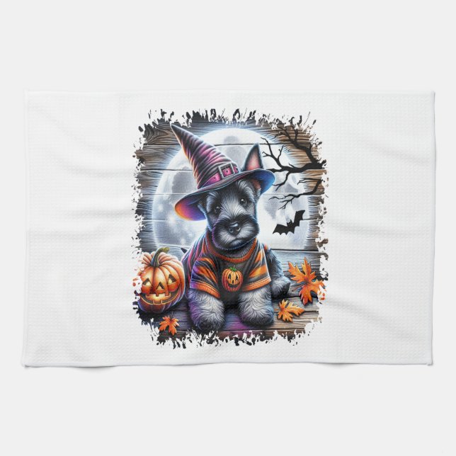 Scottish Terrier Dog Halloween Kitchen Towel (Horizontal)