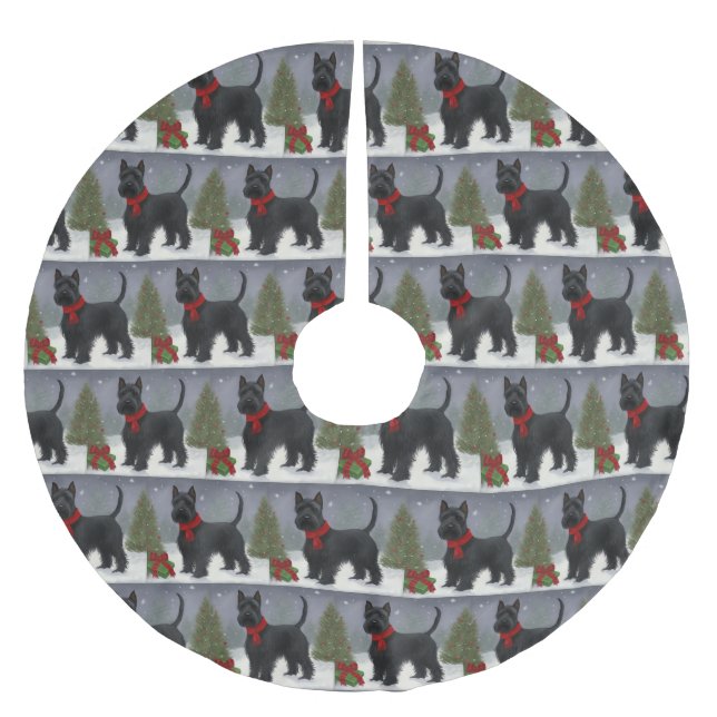 Scottish Terrier Dog in Snow Christmas Brushed Polyester Tree Skirt (Front)