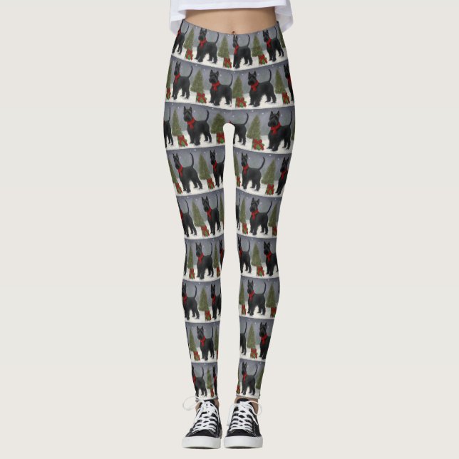 Scottish Terrier Dog in Snow Christmas Leggings (Front)