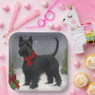 Scottish Terrier Dog in Snow Christmas Paper Plate