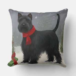 Scottish Terrier Dog in Snow Christmas Throw Pillow