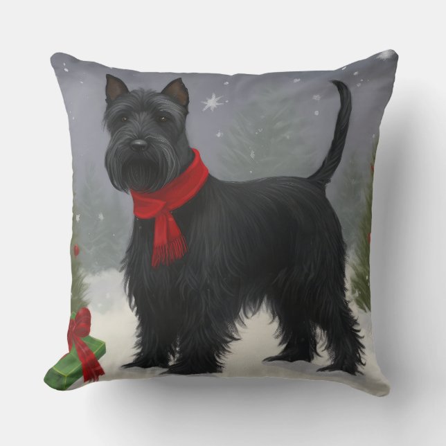 Scottish Terrier Dog in Snow Christmas Throw Pillow (Front)