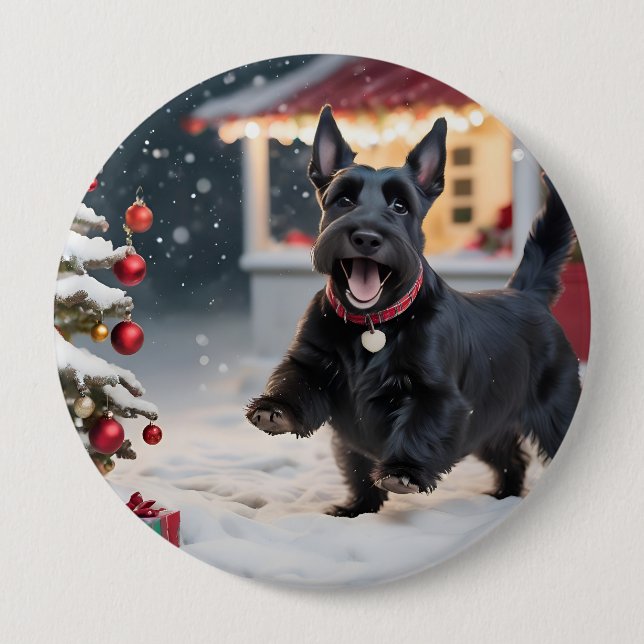 Scottish Terrier Dog Playing Christmas Snow 4 Inch Round Button (Front)