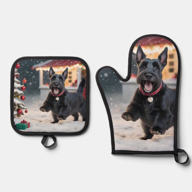 Scottish Terrier Dog Playing Christmas Snow Oven Mitt & Pot Holder Set (Front)