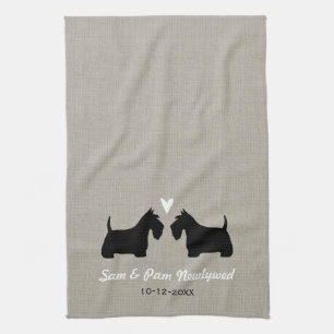 Scottish Terrier Dog Silhouettes with Heart Custom Kitchen Towel