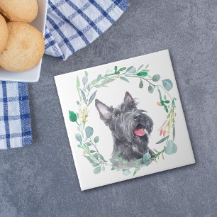 Scottish Terrier Dog Watercolor Wreath Tile