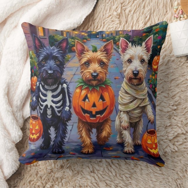 Scottish Terrier Dogs in Halloween Costumes Throw Pillow (Blanket)