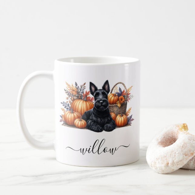 Scottish Terrier Fall Mug with Personalized Name (With Donut)
