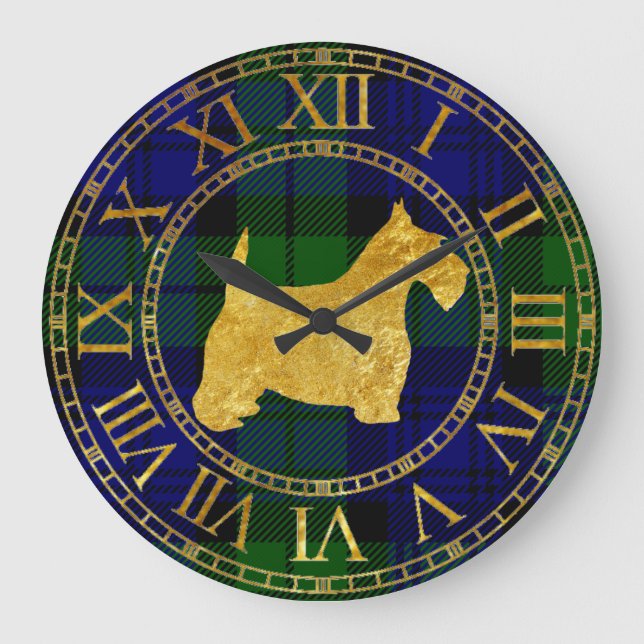 Scottish Terrier Gold and Plaid Large Clock (Front)