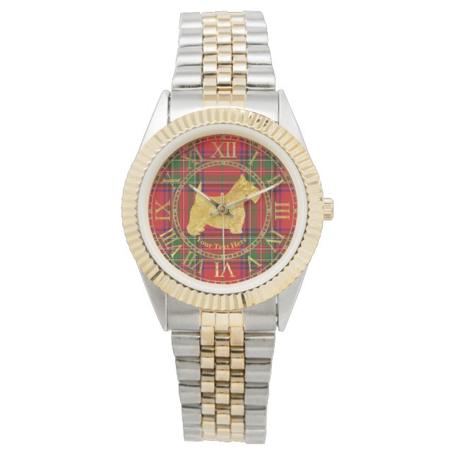 Scottish Terrier Gold Plaid Personalize Watch (Front)