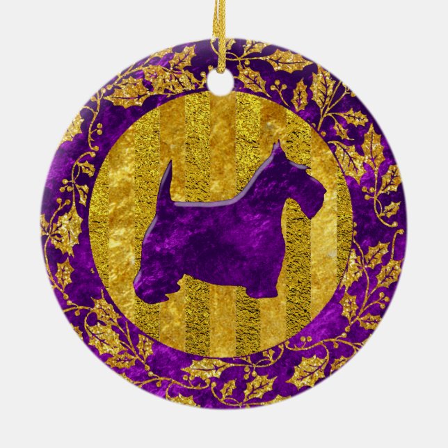 Scottish Terrier Gold Purple Ceramic Ornament (Back)