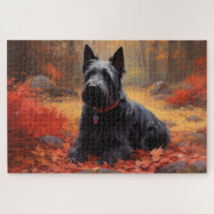 Scottish Terrier in Autumn Leaves Fall Inspire Jigsaw Puzzle