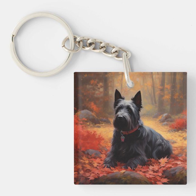 Scottish Terrier in Autumn Leaves Fall Inspire  Keychain (Front)