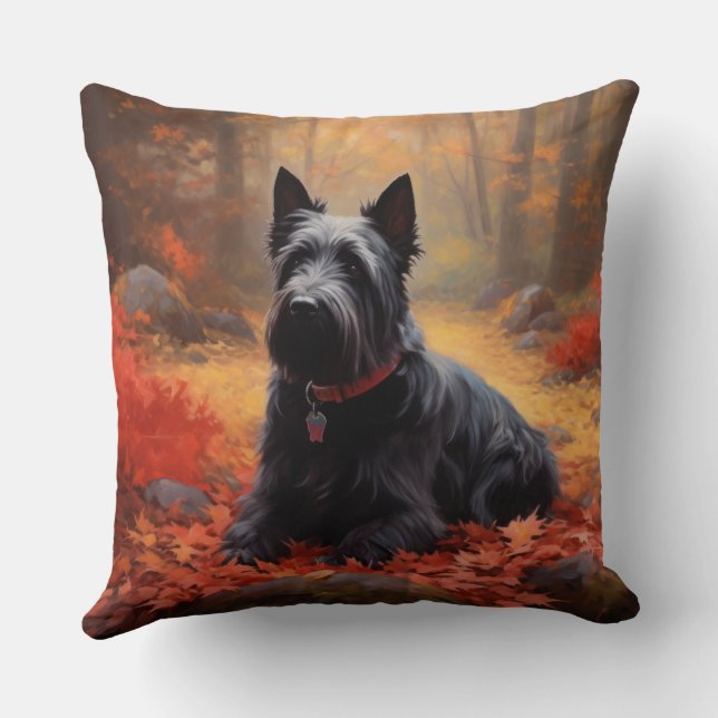 Scottish Terrier in Autumn Leaves Fall Inspire  Throw Pillow (Back)