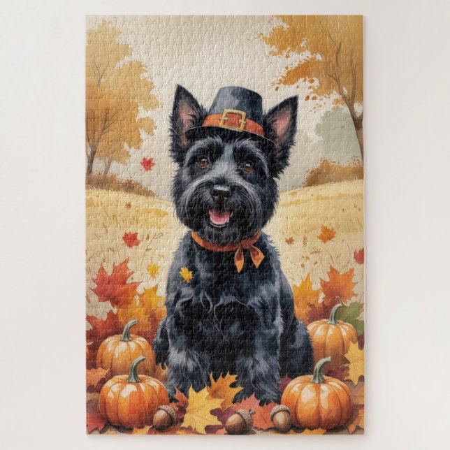 Scottish Terrier In Autumn Leaves Thanksgiving Art Jigsaw Puzzle (Vertical)