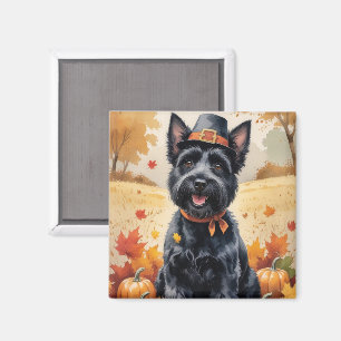 Scottish Terrier In Autumn Leaves Thanksgiving Art Magnet