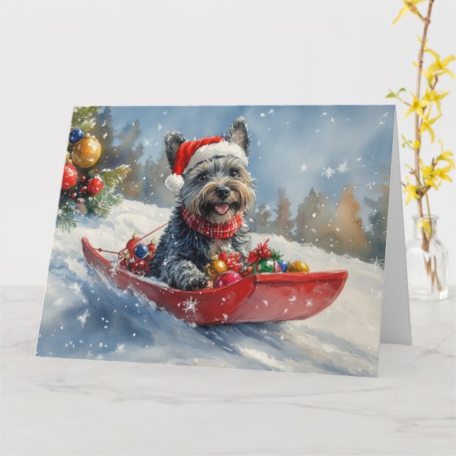 Scottish Terrier in Sledge Let it Snow Christmas Card (Yellow Flower)