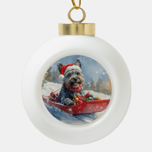 Scottish Terrier in Sledge Let it Snow Christmas Ceramic Ball Christmas Ornament (Front)