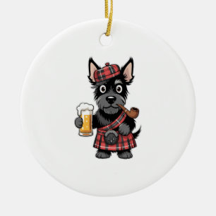 Scottish Terrier in Tartan Kilt with Beer and Pipe Ceramic Ornament