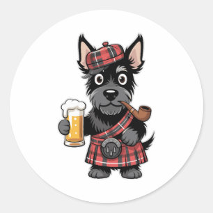 Scottish Terrier in Tartan Kilt with Beer and Pipe Classic Round Sticker