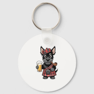 Scottish Terrier in Tartan Kilt with Beer and Pipe Keychain