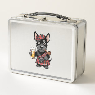 Scottish Terrier in Tartan Kilt with Beer and Pipe Metal Lunch Box