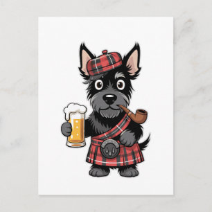 Scottish Terrier in Tartan Kilt with Beer and Pipe Postcard