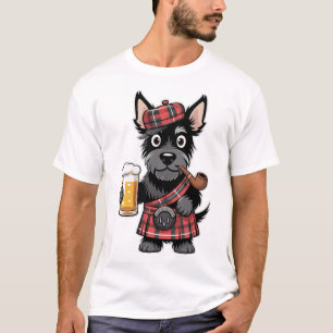 Scottish Terrier in Tartan Kilt with Beer and Pipe T-Shirt