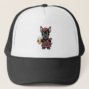 Scottish Terrier in Tartan Kilt with Beer and Pipe Trucker Hat