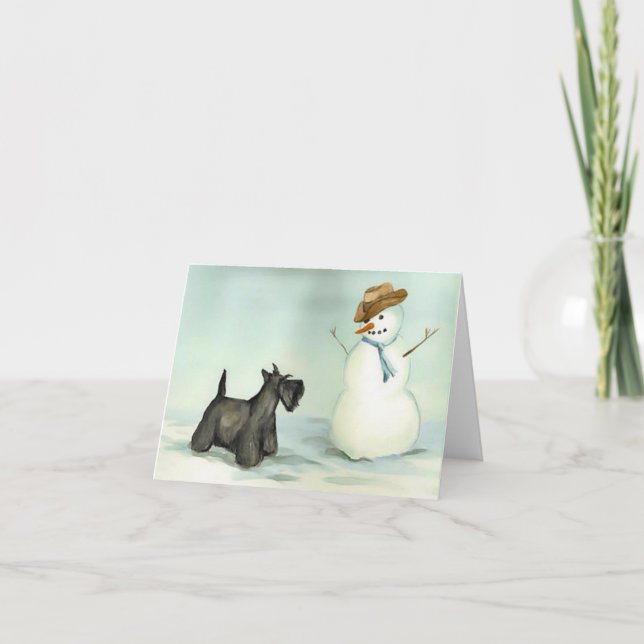 Scottish Terrier Meets Snowman Dog Art Note Card (Front)