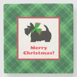 Scottish Terrier Merry Christmas Plaid Stone Coaster
